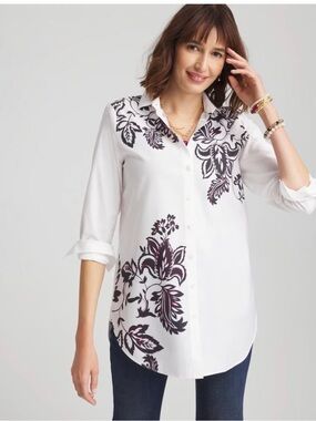 Chico's White Button-Down Shirt with Black Floral Motif
